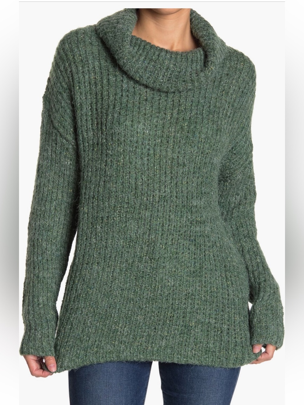 Women's Ribbed Cowl Drape Turtleneck Fuzzy Sweater - Olive Green